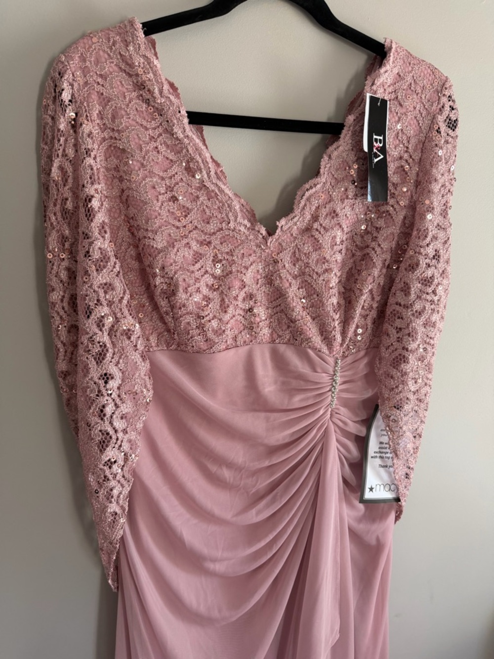 B&A By Besty and adam draped lace back Gown rose size 12